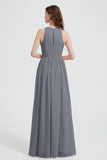 Jewel Chiffon A Line Bridesmaid Dress Floor Length Formal Evening Dresses Ruched Split Up