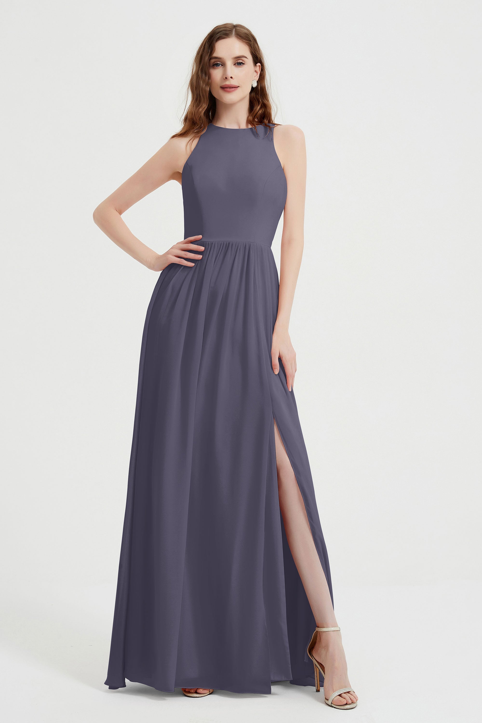 Jewel Chiffon A Line Bridesmaid Dress Floor Length Formal Evening Dresses Ruched Split Up