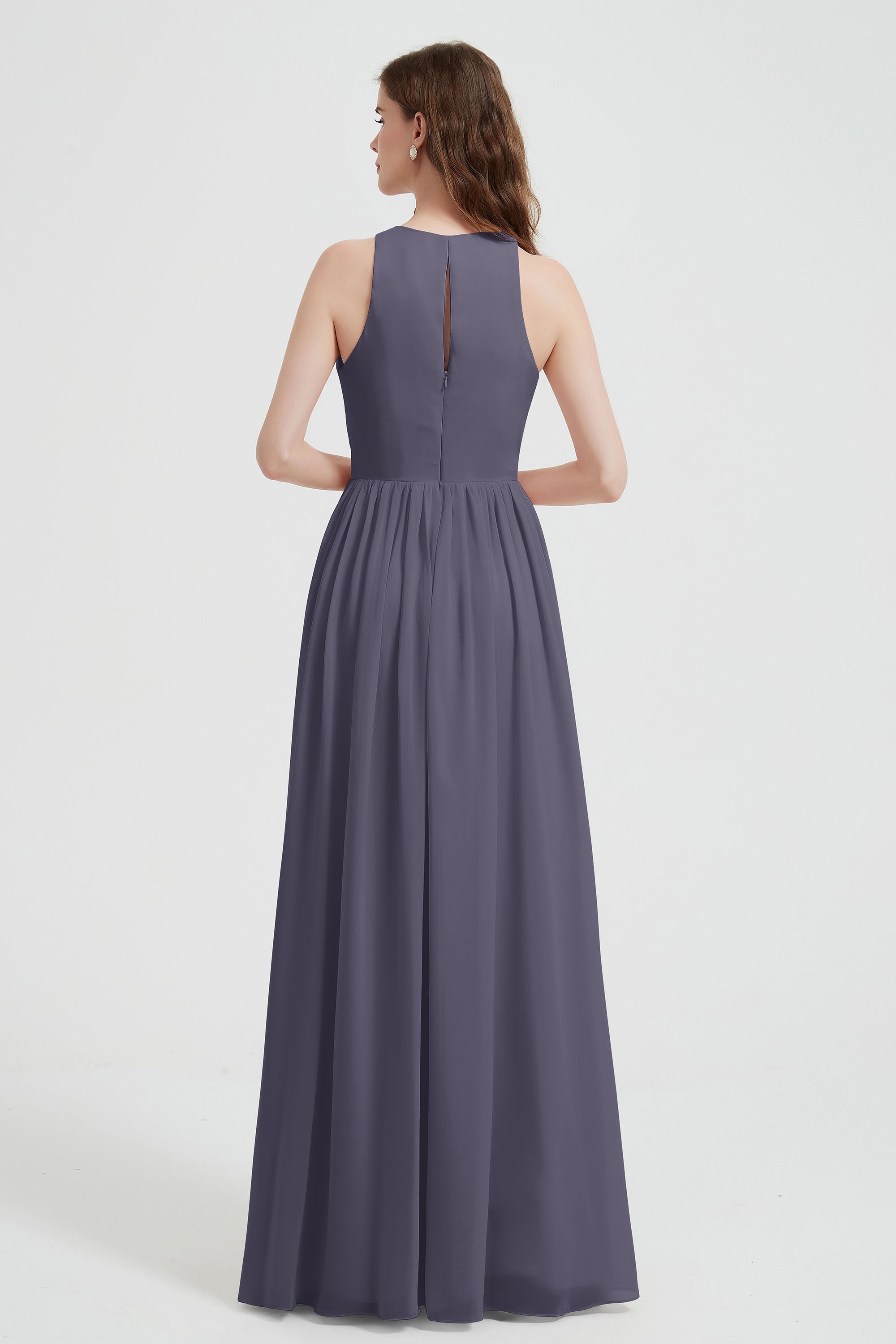 Jewel Chiffon A Line Bridesmaid Dress Floor Length Formal Evening Dresses Ruched Split Up