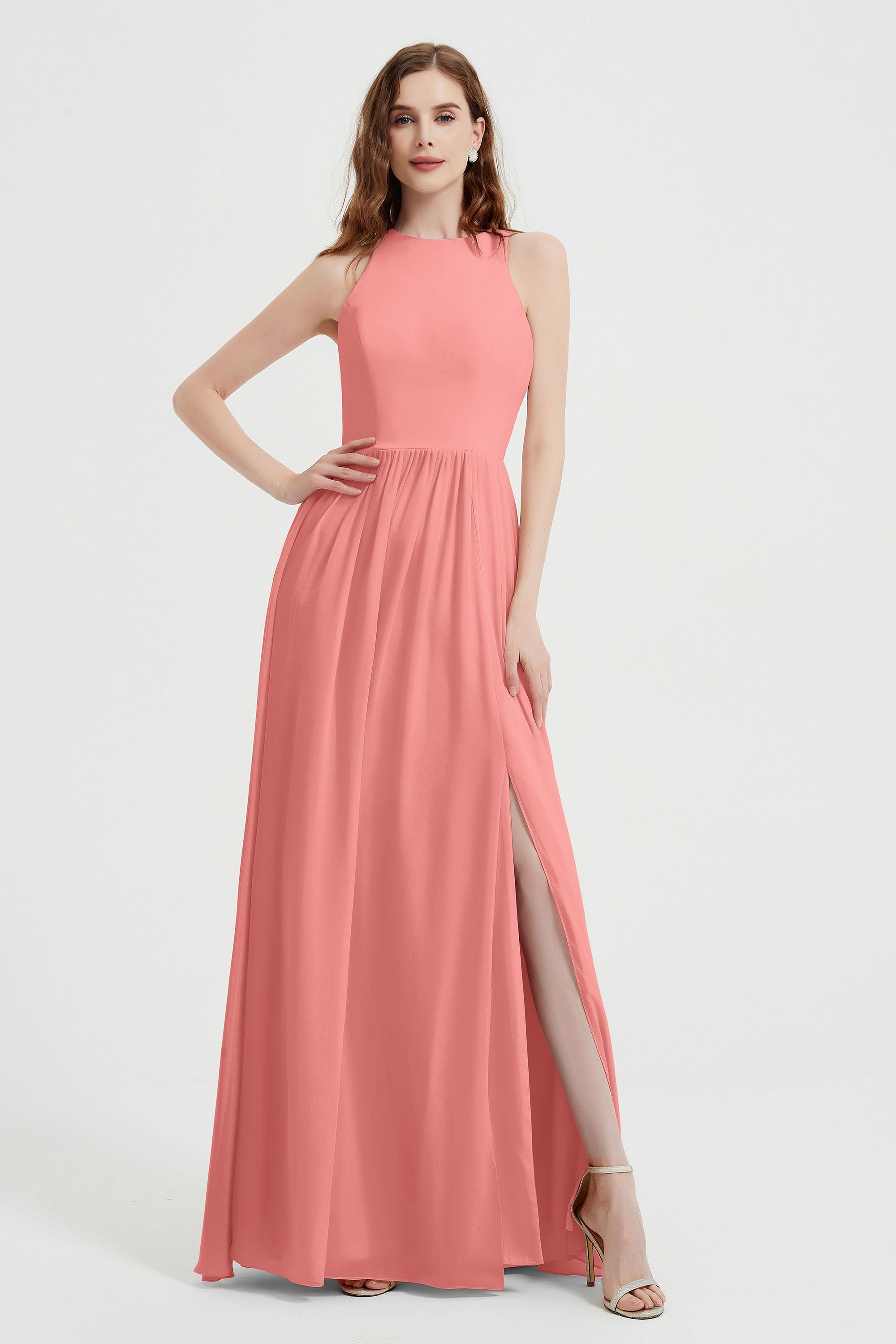 Jewel Chiffon A Line Bridesmaid Dress Floor Length Formal Evening Dresses Ruched Split Up