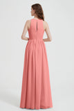 Jewel Chiffon A Line Bridesmaid Dress Floor Length Formal Evening Dresses Ruched Split Up