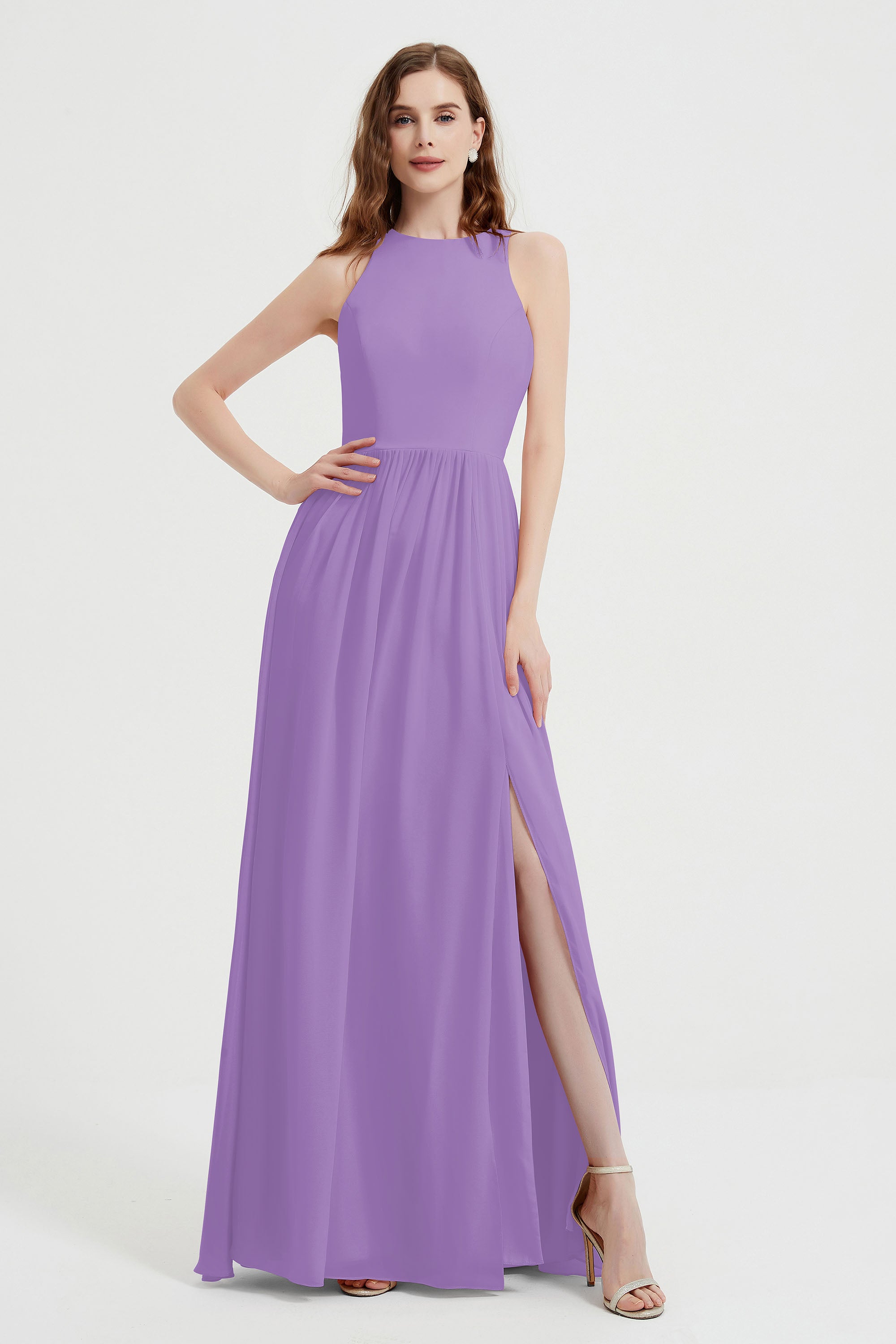 Jewel Chiffon A Line Bridesmaid Dress Floor Length Formal Evening Dresses Ruched Split Up