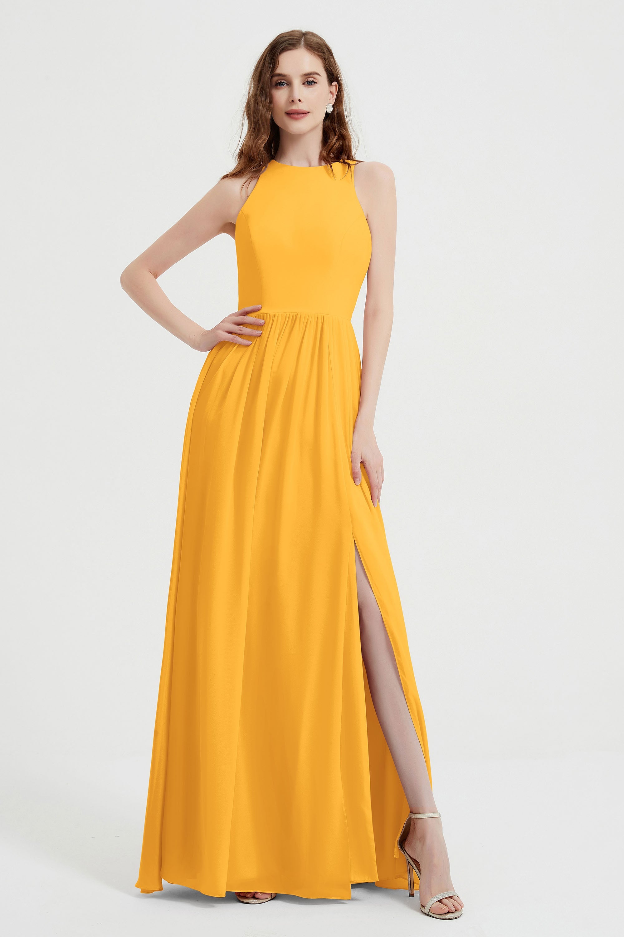Jewel Chiffon A Line Bridesmaid Dress Floor Length Formal Evening Dresses Ruched Split Up