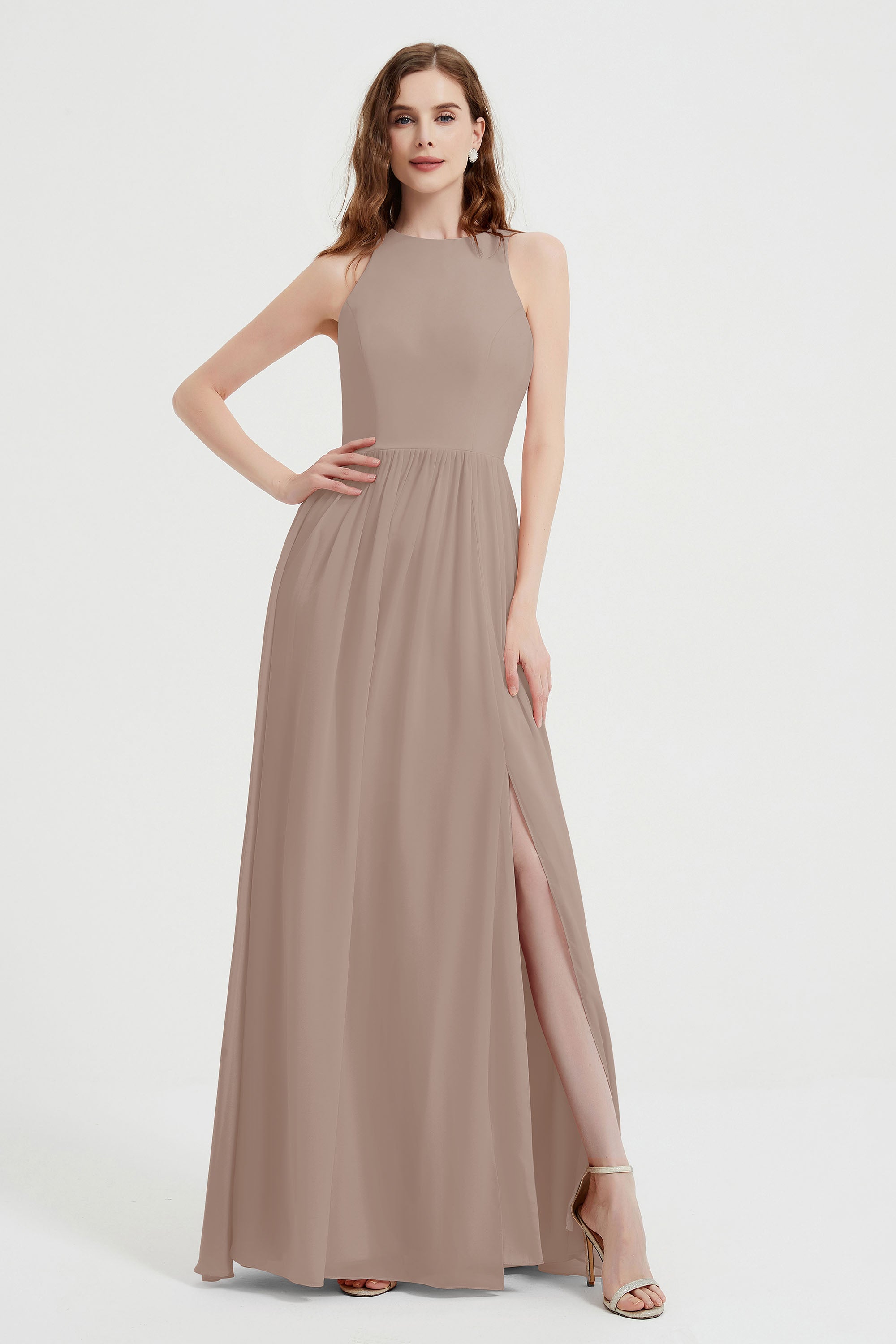 Jewel Chiffon A Line Bridesmaid Dress Floor Length Formal Evening Dresses Ruched Split Up