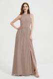 Jewel Chiffon A Line Bridesmaid Dress Floor Length Formal Evening Dresses Ruched Split Up