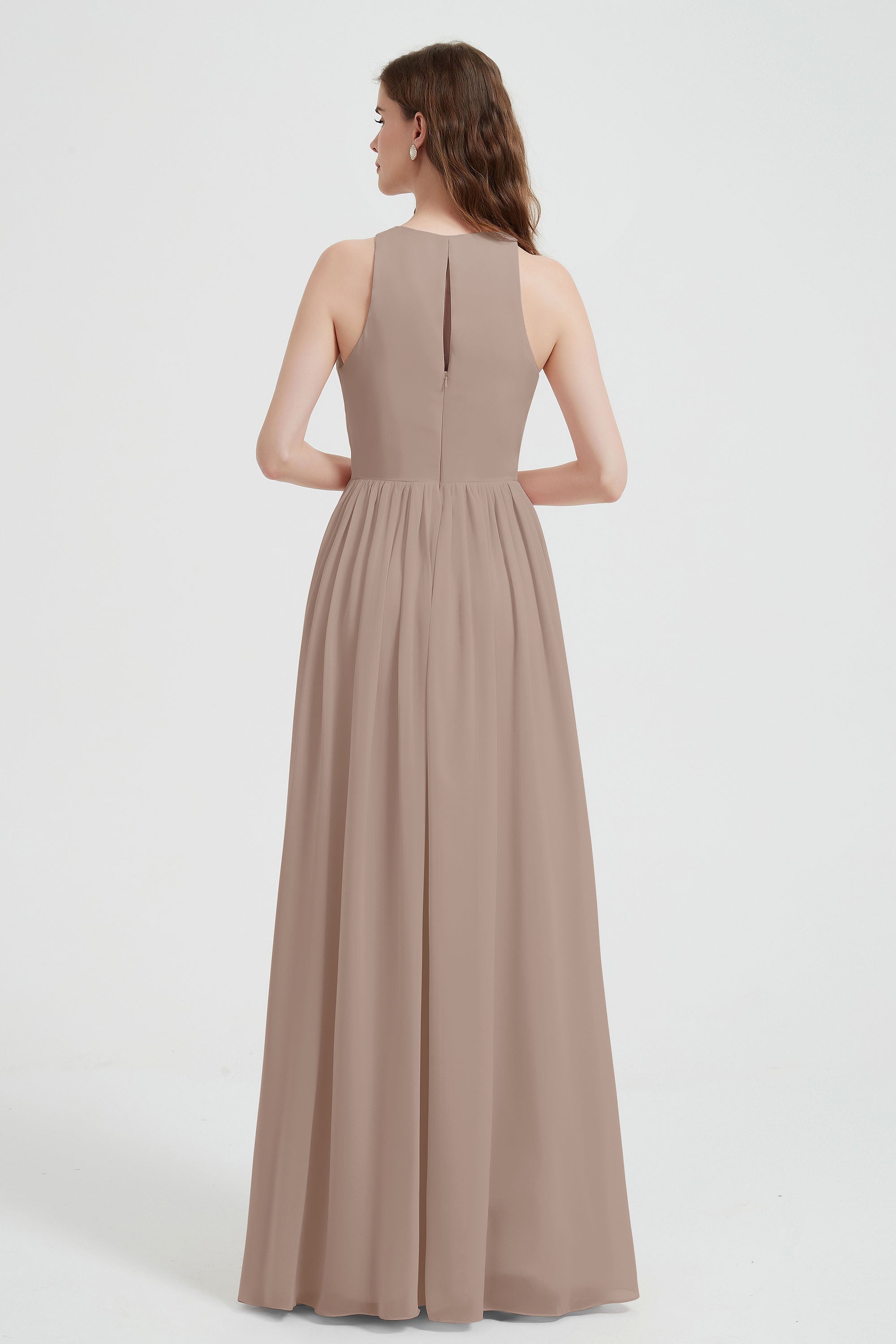 Jewel Chiffon A Line Bridesmaid Dress Floor Length Formal Evening Dresses Ruched Split Up