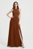 Jewel Chiffon A Line Bridesmaid Dress Floor Length Formal Evening Dresses Ruched Split Up