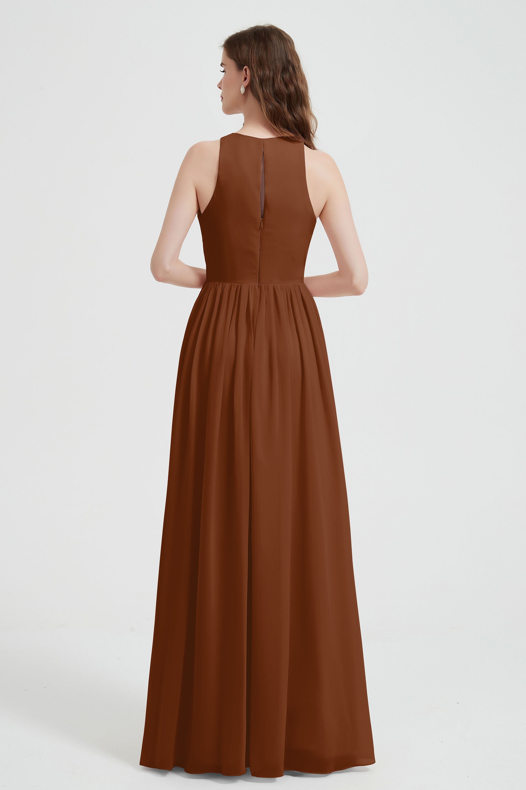 Jewel Chiffon A Line Bridesmaid Dress Floor Length Formal Evening Dresses Ruched Split Up