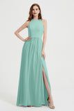Jewel Chiffon A Line Bridesmaid Dress Floor Length Formal Evening Dresses Ruched Split Up