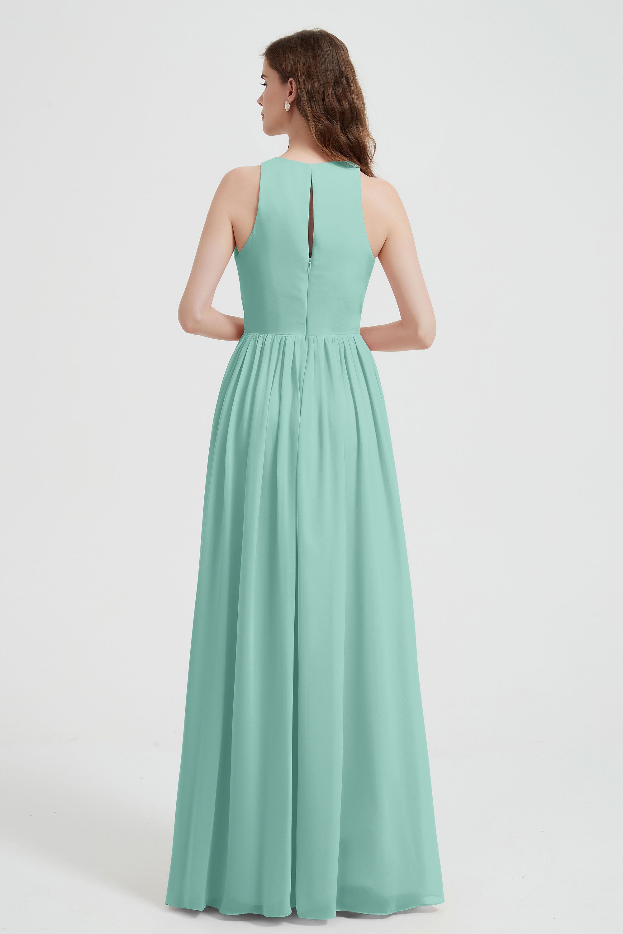 Jewel Chiffon A Line Bridesmaid Dress Floor Length Formal Evening Dresses Ruched Split Up