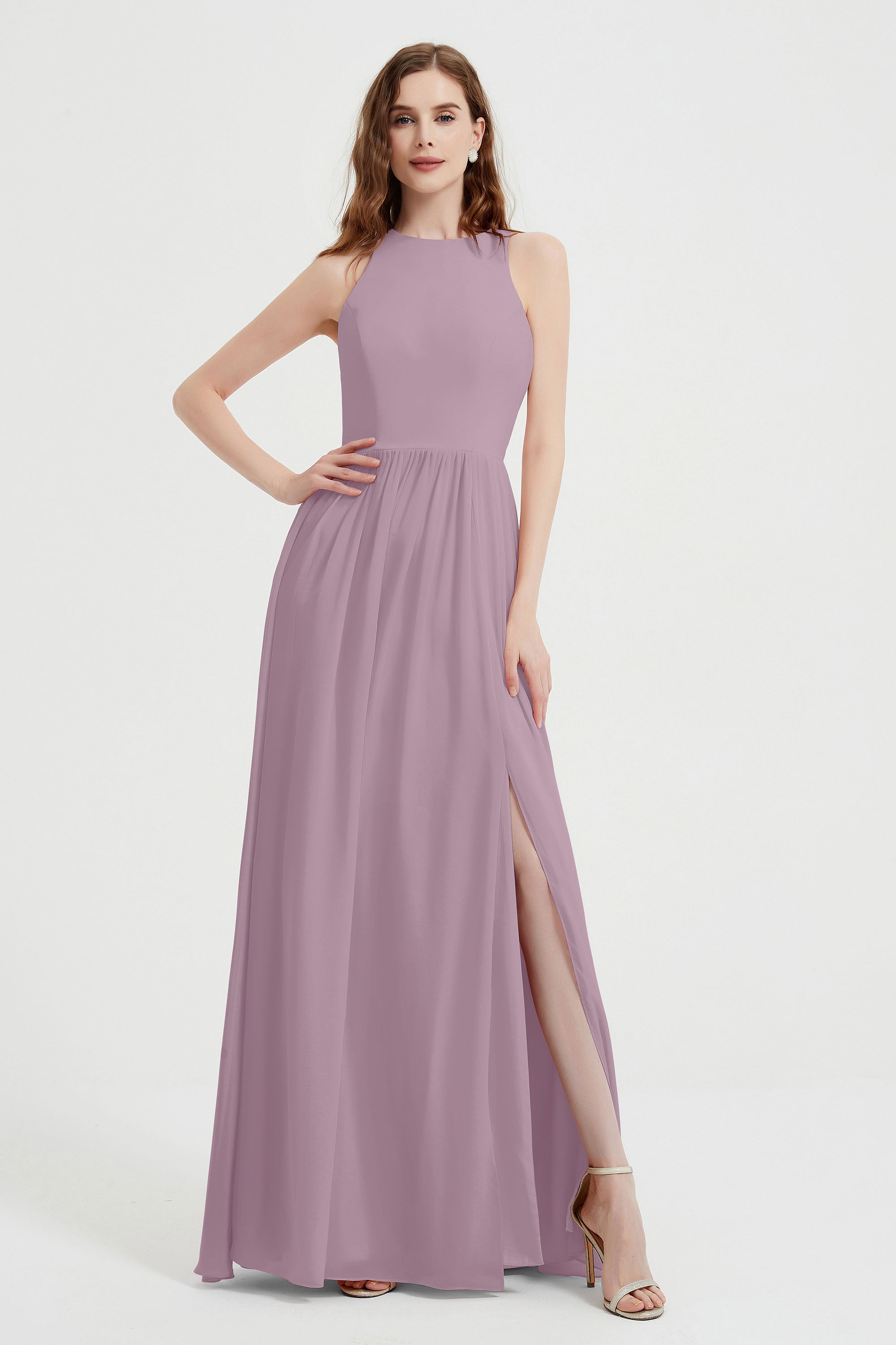 Jewel Chiffon A Line Bridesmaid Dress Floor Length Formal Evening Dresses Ruched Split Up