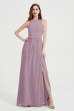 Jewel Chiffon A Line Bridesmaid Dress Floor Length Formal Evening Dresses Ruched Split Up