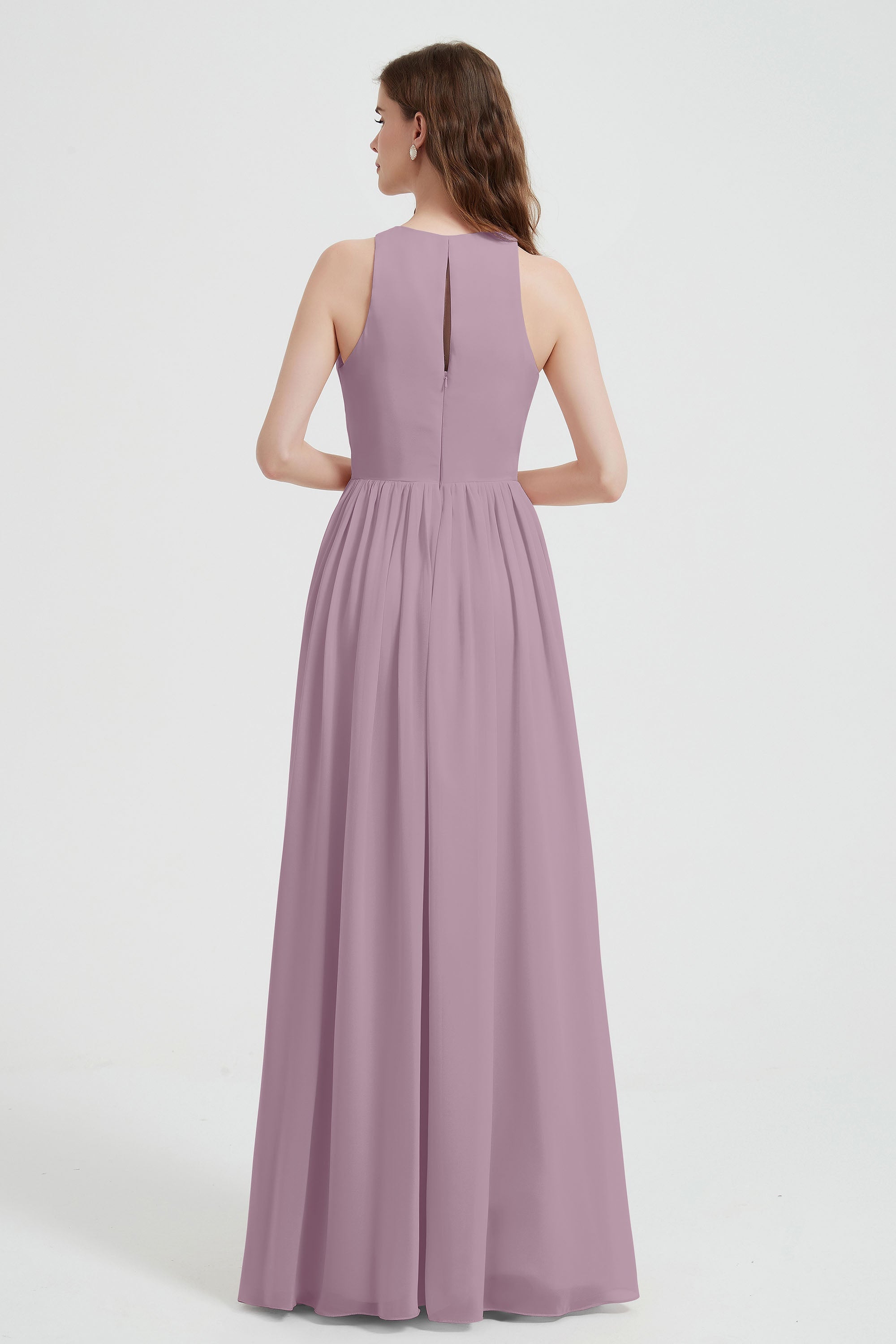 Jewel Chiffon A Line Bridesmaid Dress Floor Length Formal Evening Dresses Ruched Split Up