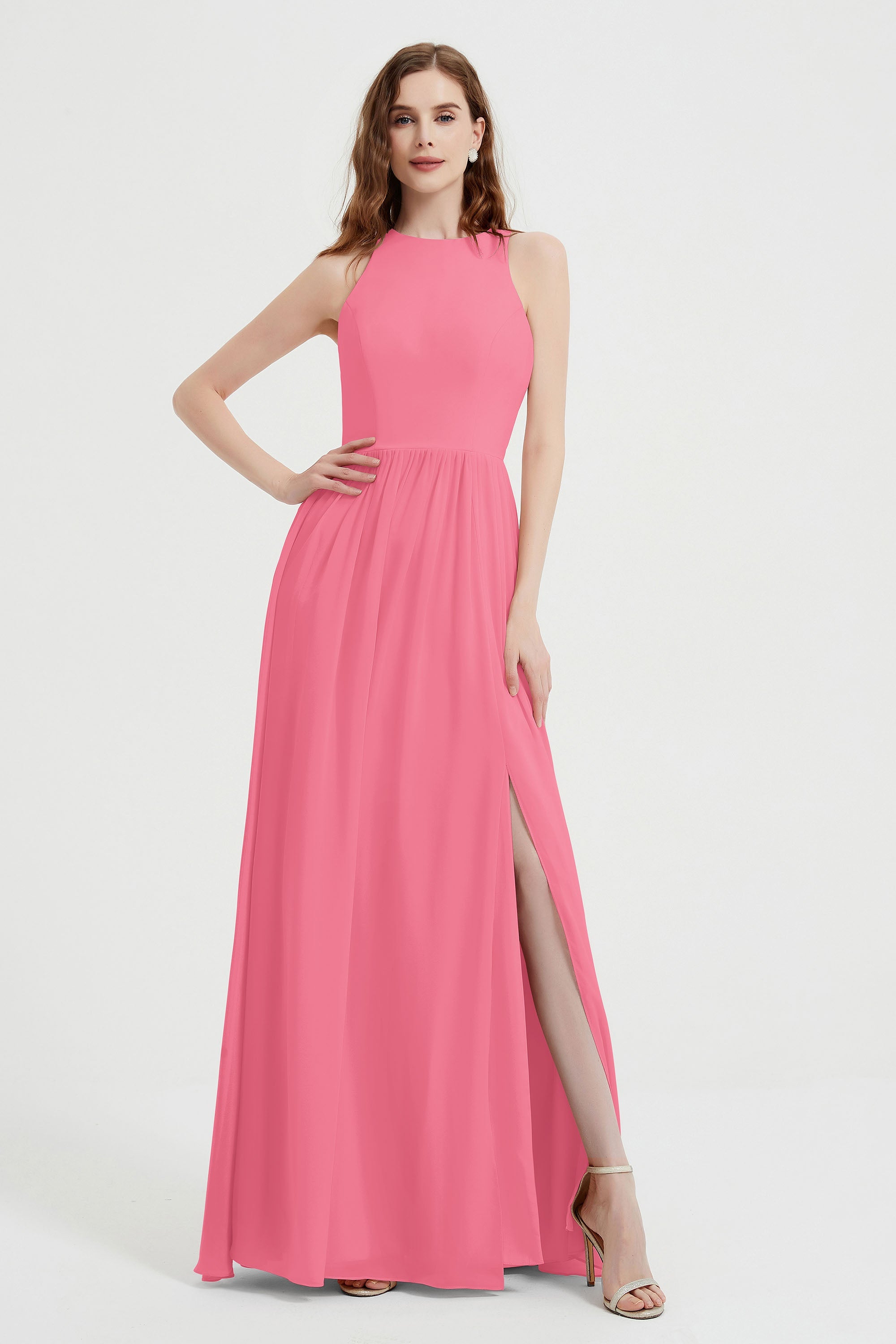 Jewel Chiffon A Line Bridesmaid Dress Floor Length Formal Evening Dresses Ruched Split Up
