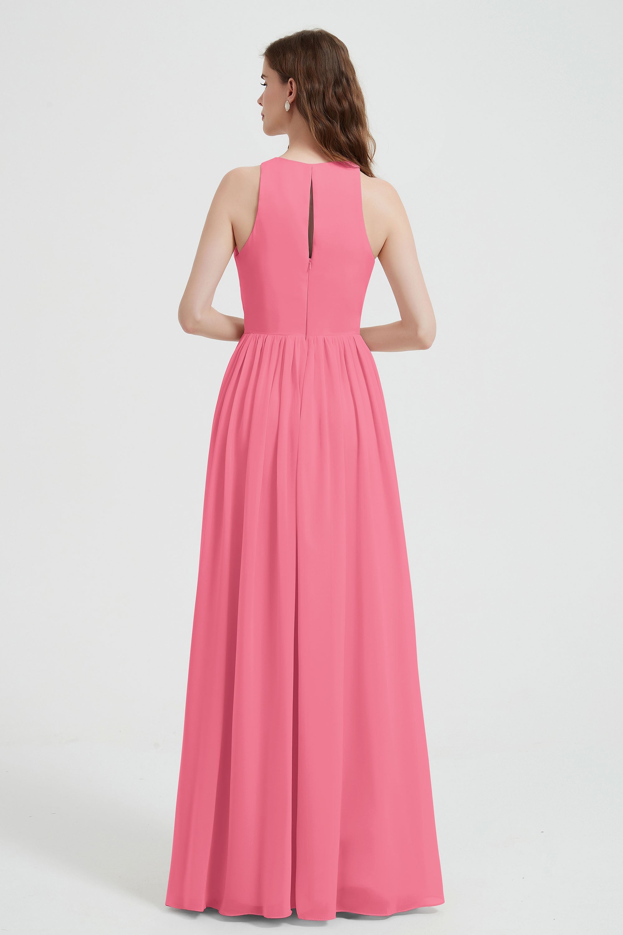 Jewel Chiffon A Line Bridesmaid Dress Floor Length Formal Evening Dresses Ruched Split Up