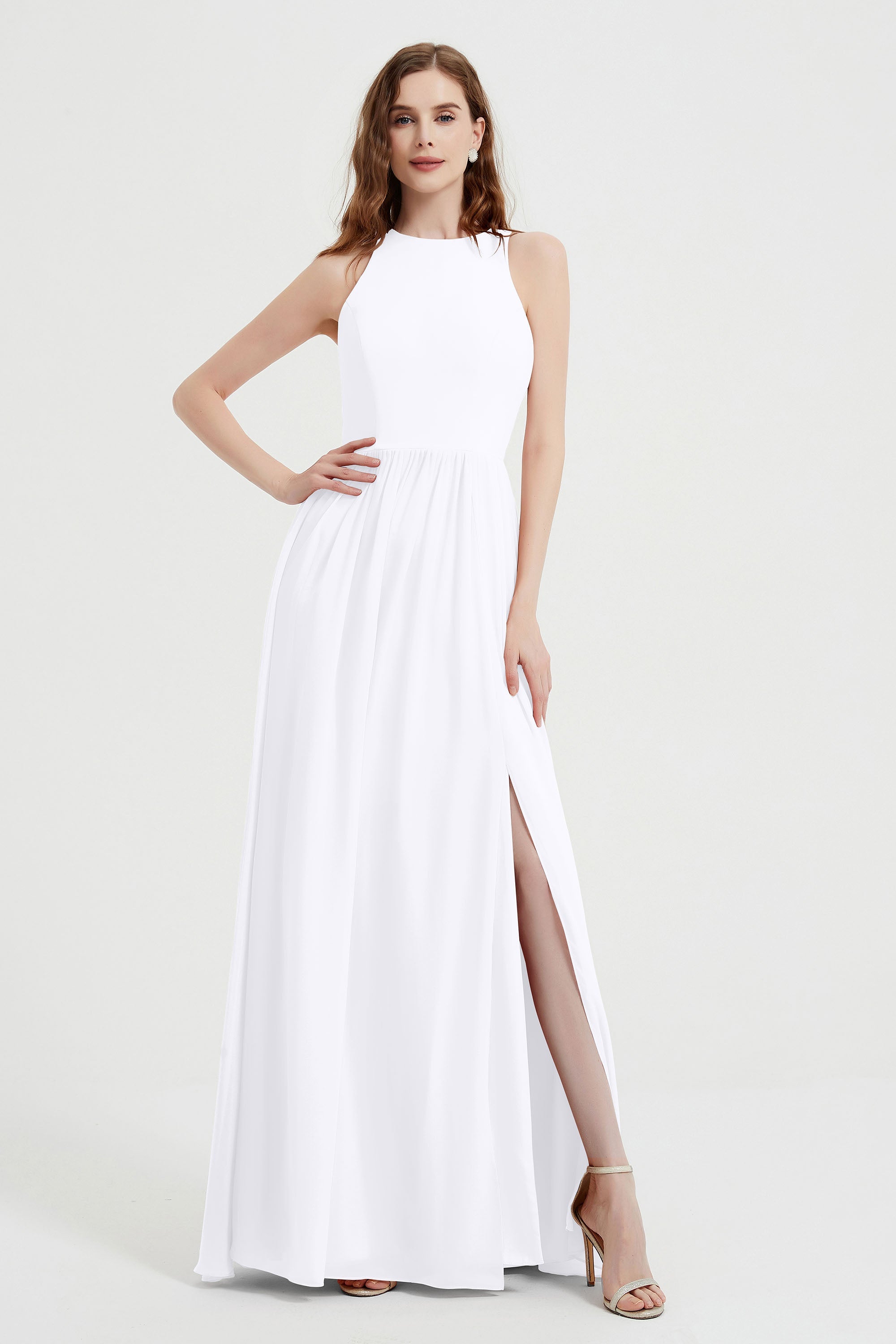Jewel Chiffon A Line Bridesmaid Dress Floor Length Formal Evening Dresses Ruched Split Up
