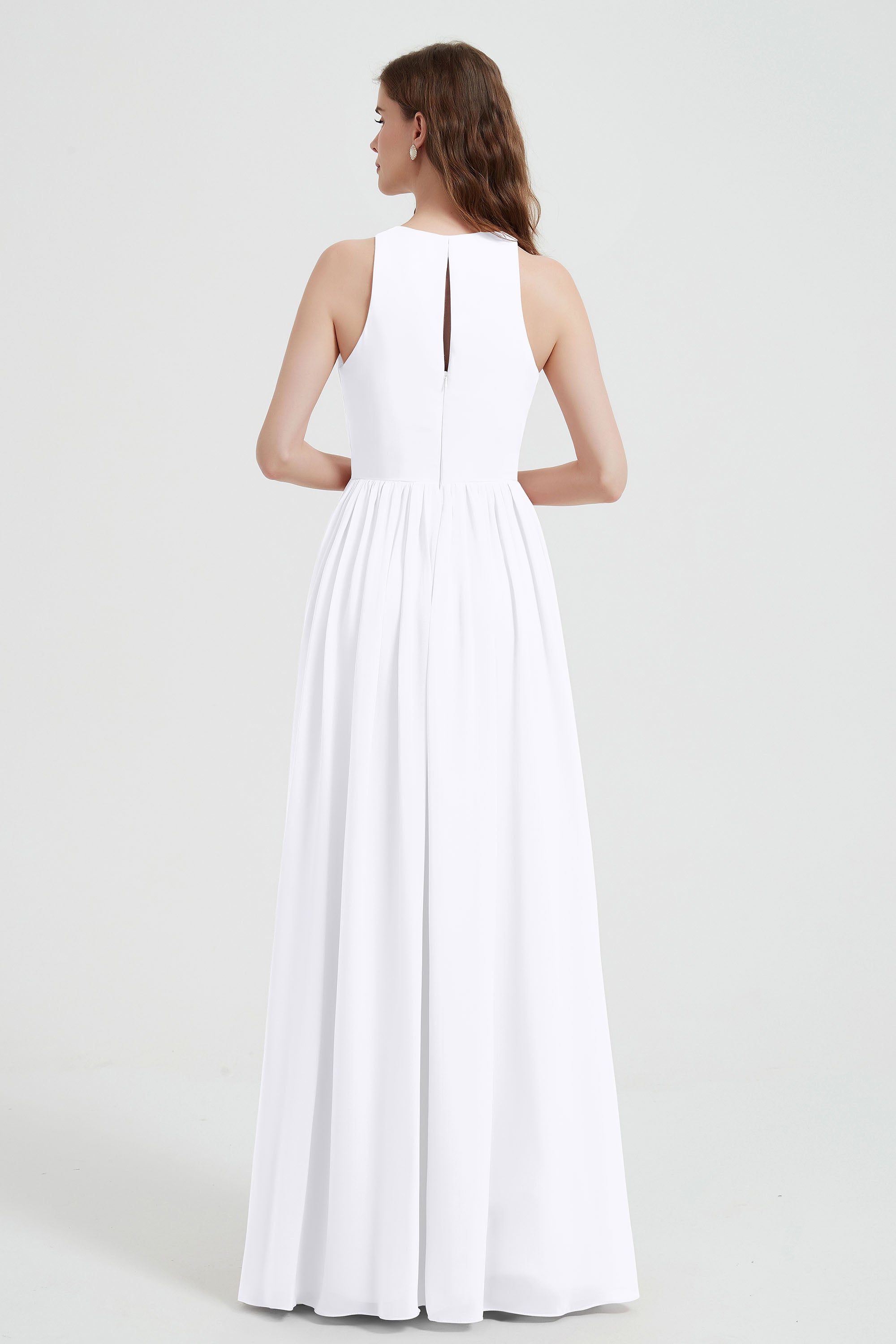 Jewel Chiffon A Line Bridesmaid Dress Floor Length Formal Evening Dresses Ruched Split Up