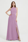 Jewel Chiffon A Line Bridesmaid Dress Floor Length Formal Evening Dresses Ruched Split Up