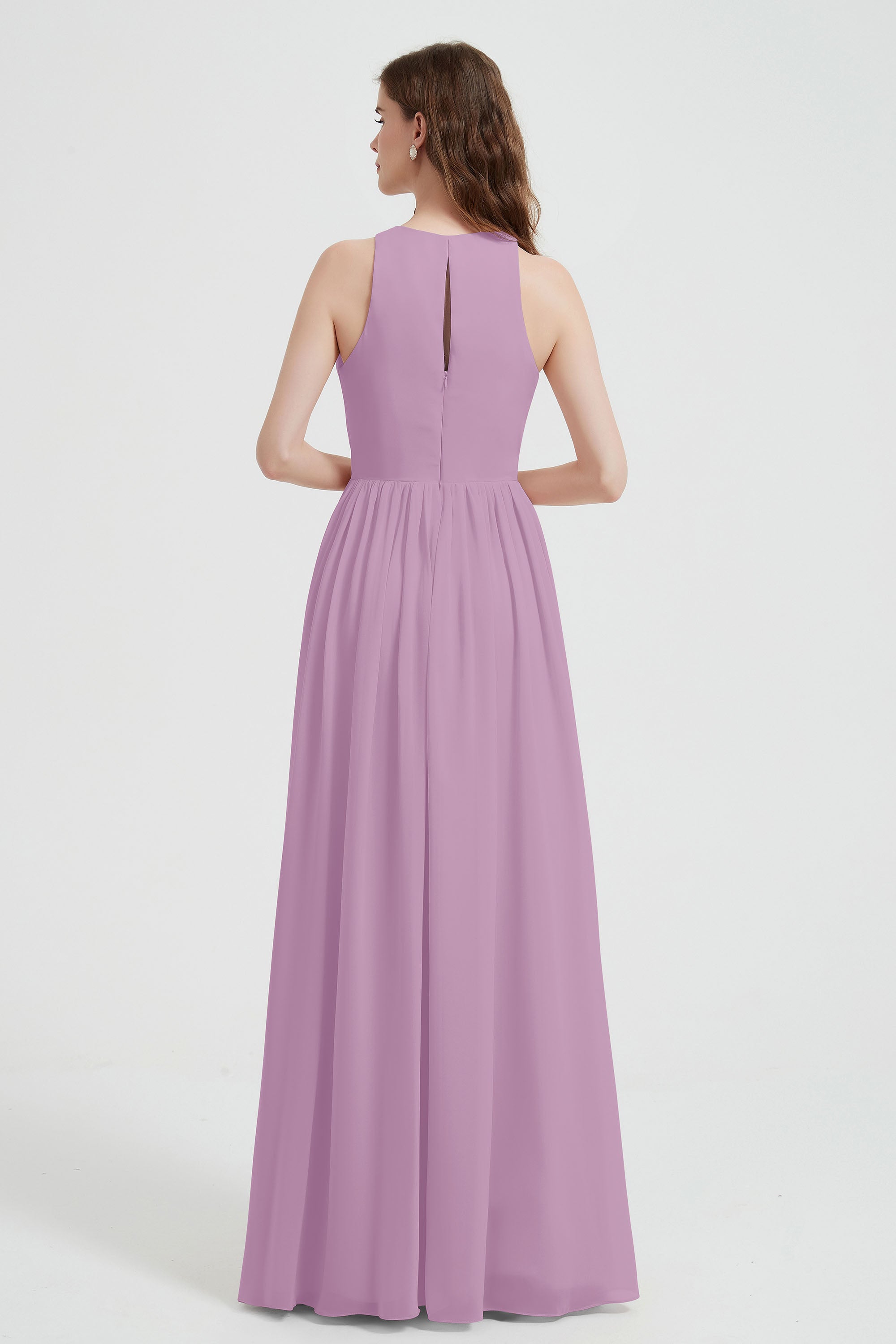 Jewel Chiffon A Line Bridesmaid Dress Floor Length Formal Evening Dresses Ruched Split Up