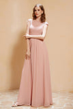 Illusion Neck Cap Sleeves Chiffon Bridesmaid Dress with Lace Formal Evening Prom Gowns