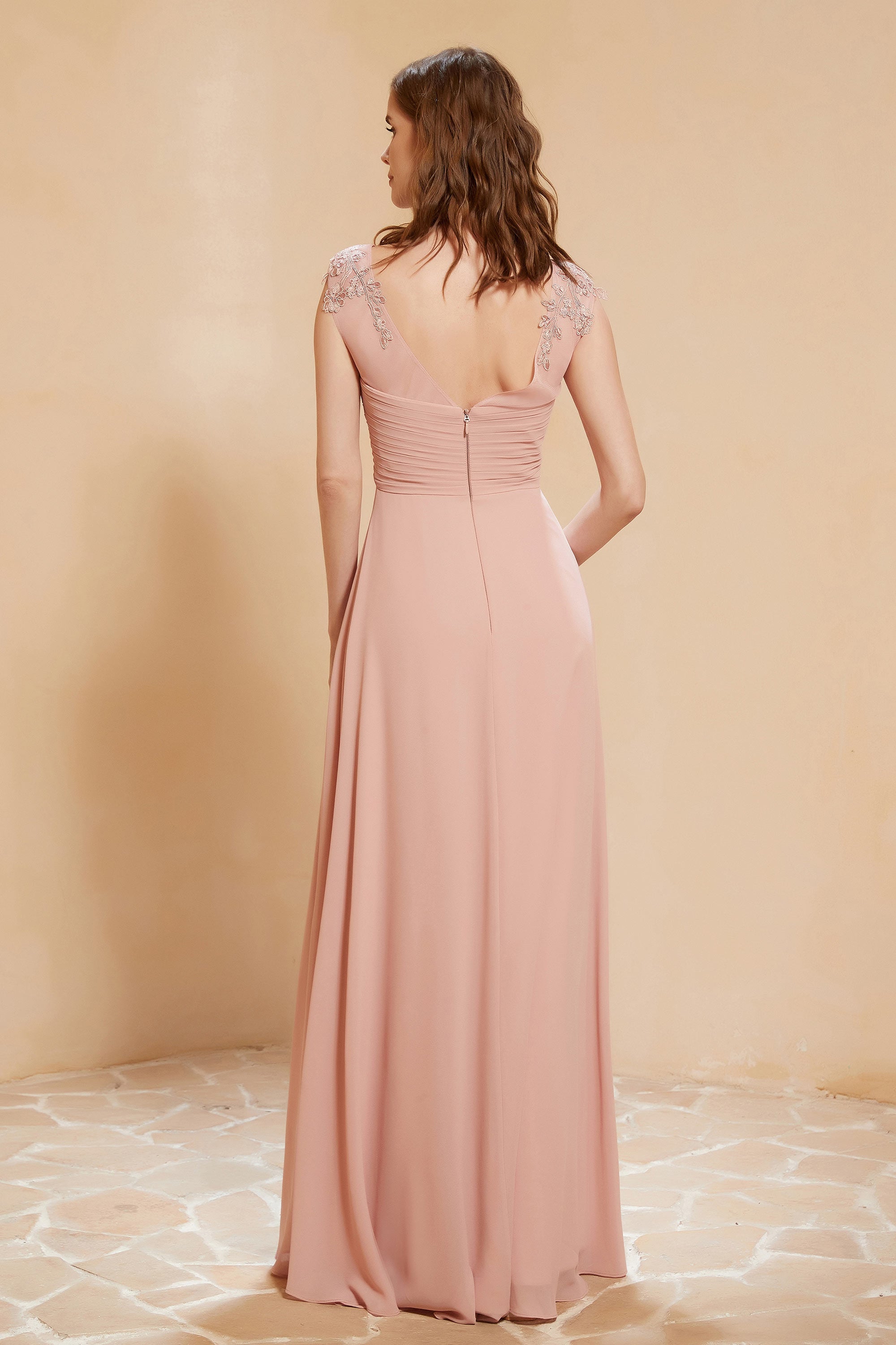 Illusion Neck Cap Sleeves Chiffon Bridesmaid Dress with Lace Formal Evening Prom Gowns