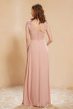 Illusion Neck Cap Sleeves Chiffon Bridesmaid Dress with Lace Formal Evening Prom Gowns
