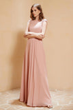 Illusion Neck Cap Sleeves Chiffon Bridesmaid Dress with Lace Formal Evening Prom Gowns