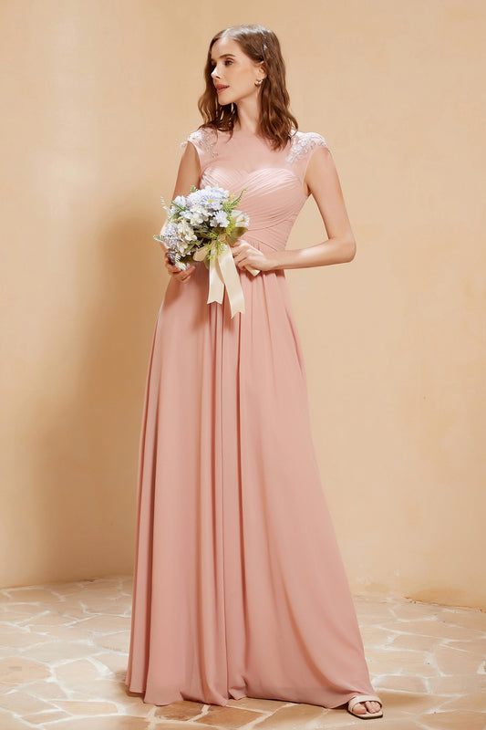 Illusion Neck Cap Sleeves Chiffon Bridesmaid Dress with Lace Formal Evening Prom Gowns
