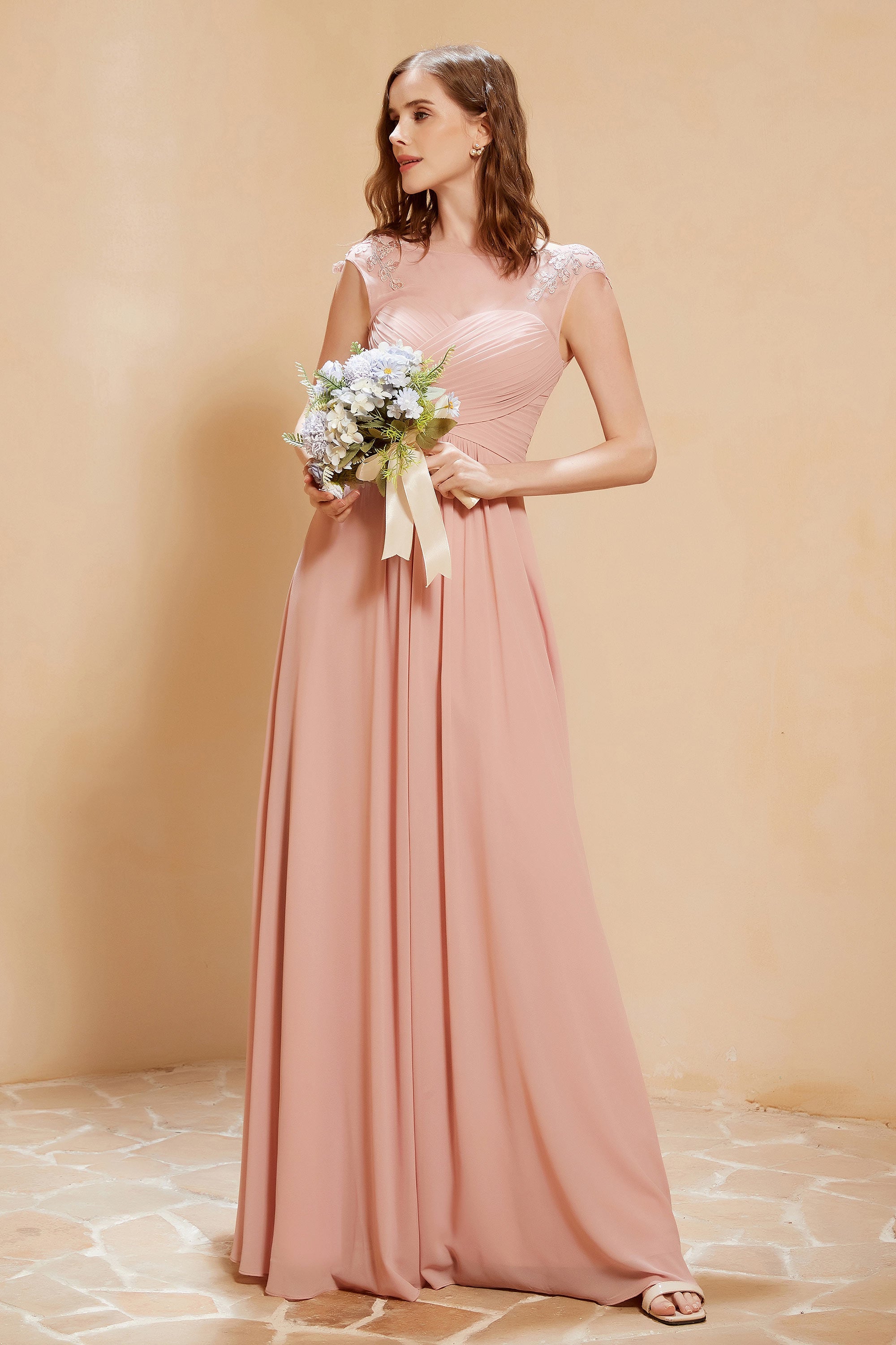 Illusion Neck Cap Sleeves Chiffon Bridesmaid Dress with Lace Formal Evening Prom Gowns