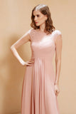 Illusion Neck Cap Sleeves Chiffon Bridesmaid Dress with Lace Formal Evening Prom Gowns