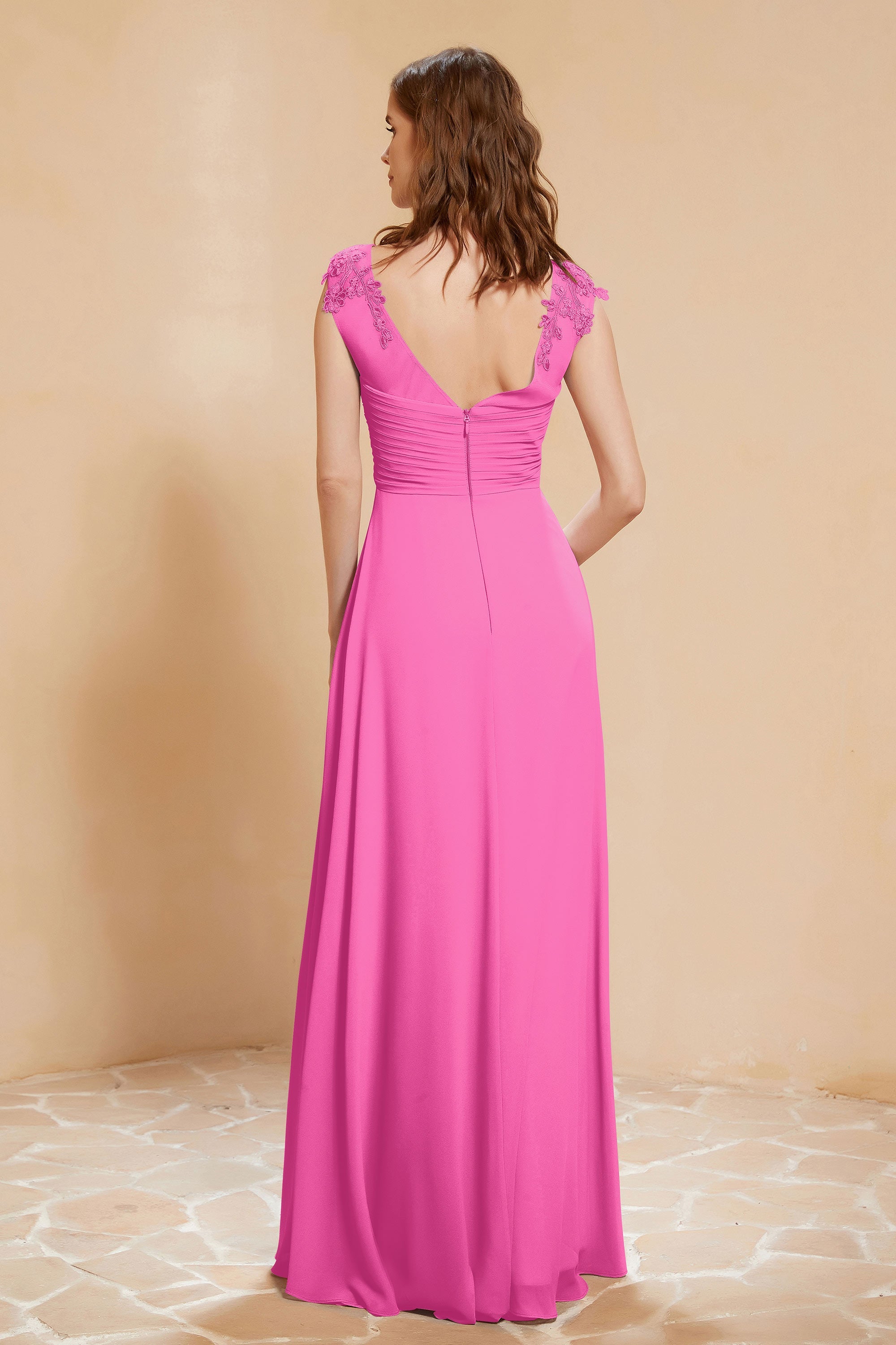 Illusion Neck Cap Sleeves Chiffon Bridesmaid Dress with Lace Formal Evening Prom Gowns