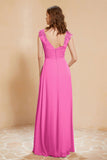 Illusion Neck Cap Sleeves Chiffon Bridesmaid Dress with Lace Formal Evening Prom Gowns