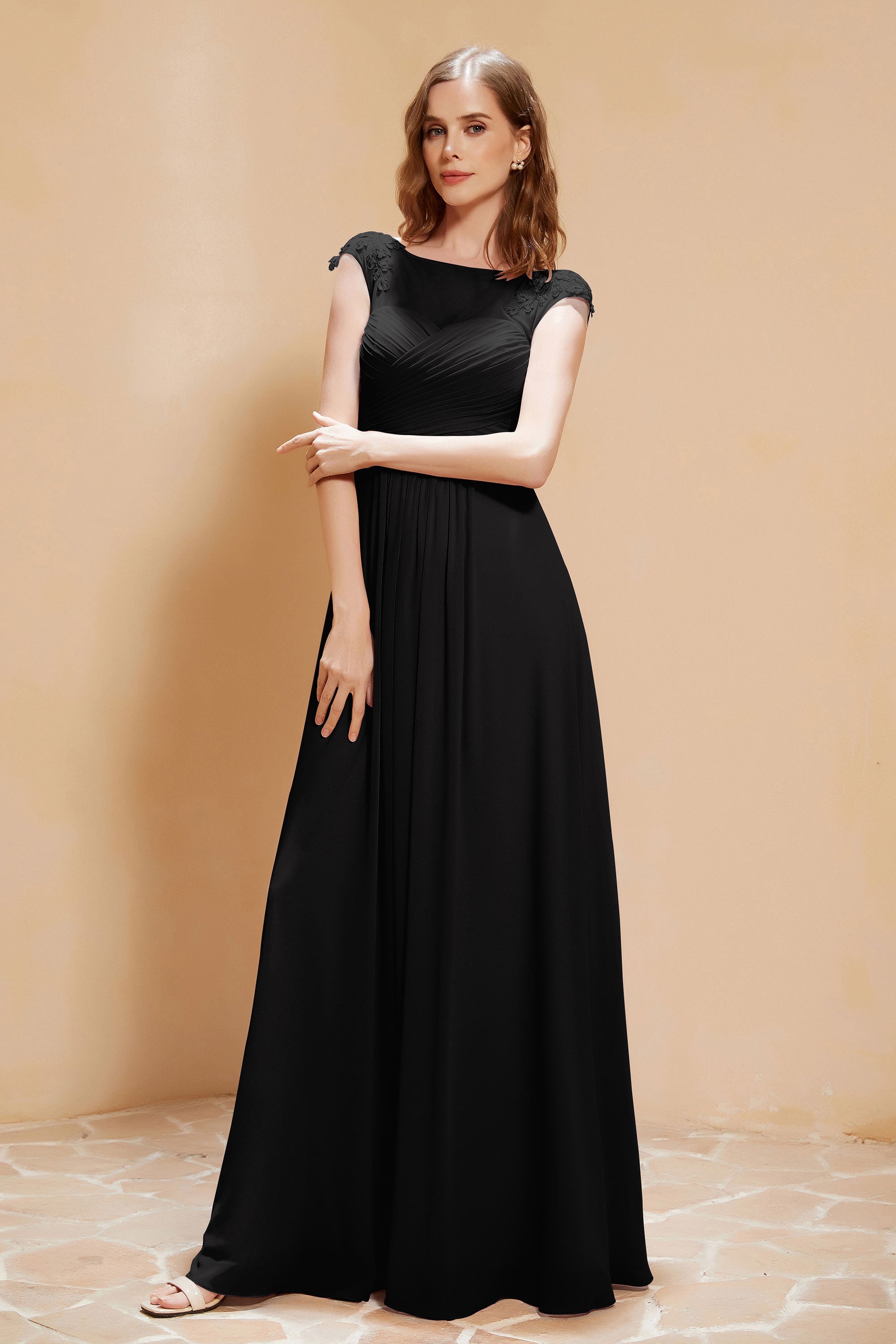 Illusion Neck Cap Sleeves Chiffon Bridesmaid Dress with Lace Formal Evening Prom Gowns