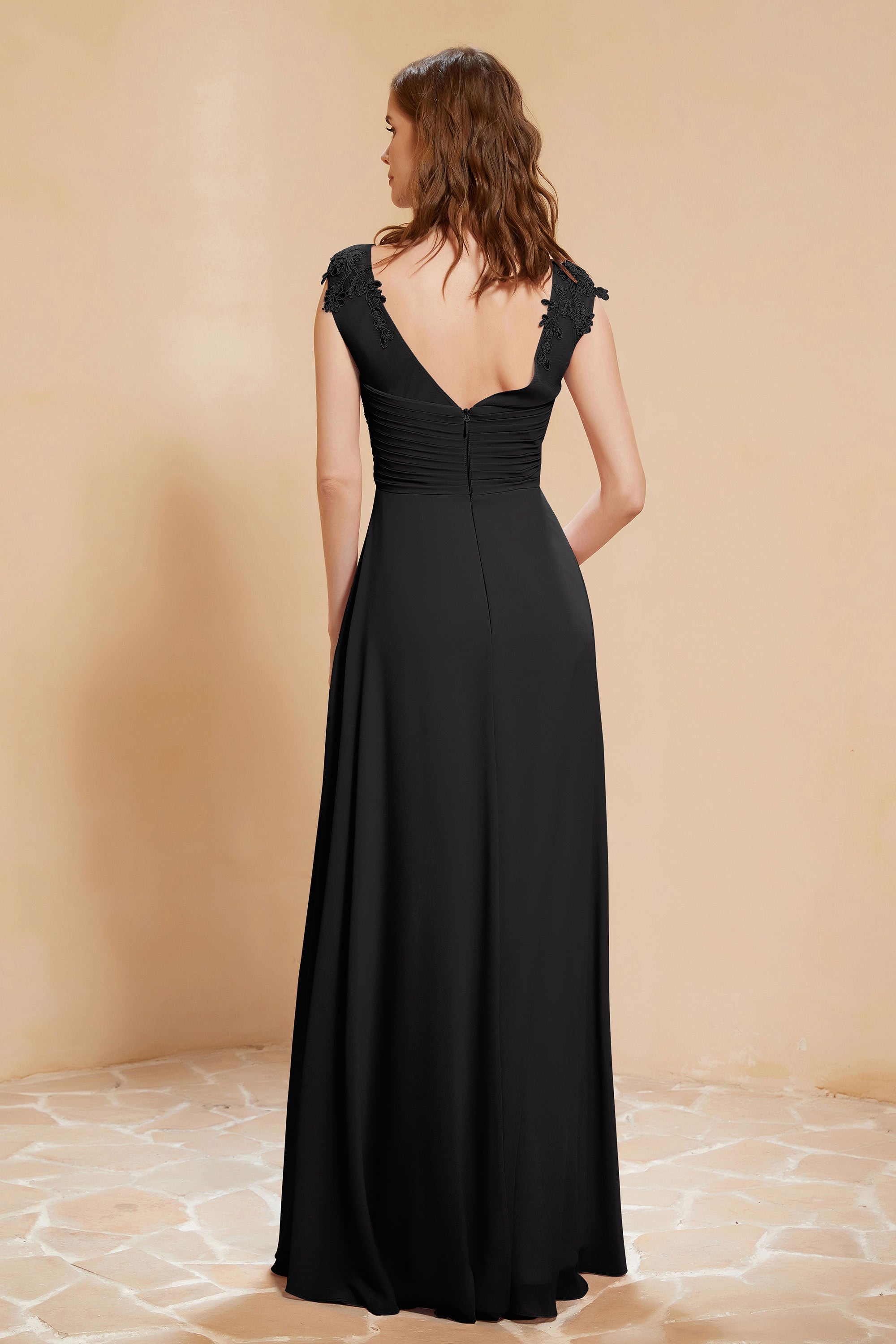 Illusion Neck Cap Sleeves Chiffon Bridesmaid Dress with Lace Formal Evening Prom Gowns