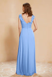 Illusion Neck Cap Sleeves Chiffon Bridesmaid Dress with Lace Formal Evening Prom Gowns