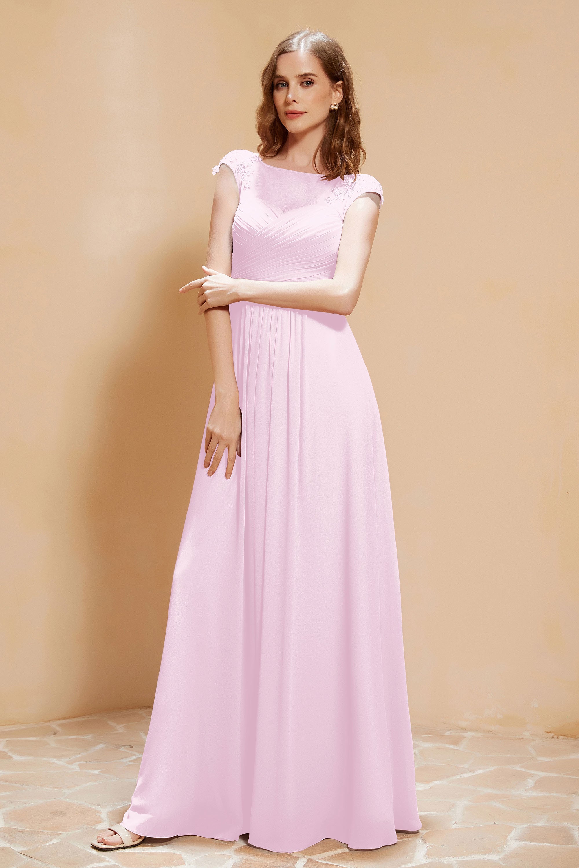 Illusion Neck Cap Sleeves Chiffon Bridesmaid Dress with Lace Formal Evening Prom Gowns