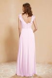 Illusion Neck Cap Sleeves Chiffon Bridesmaid Dress with Lace Formal Evening Prom Gowns