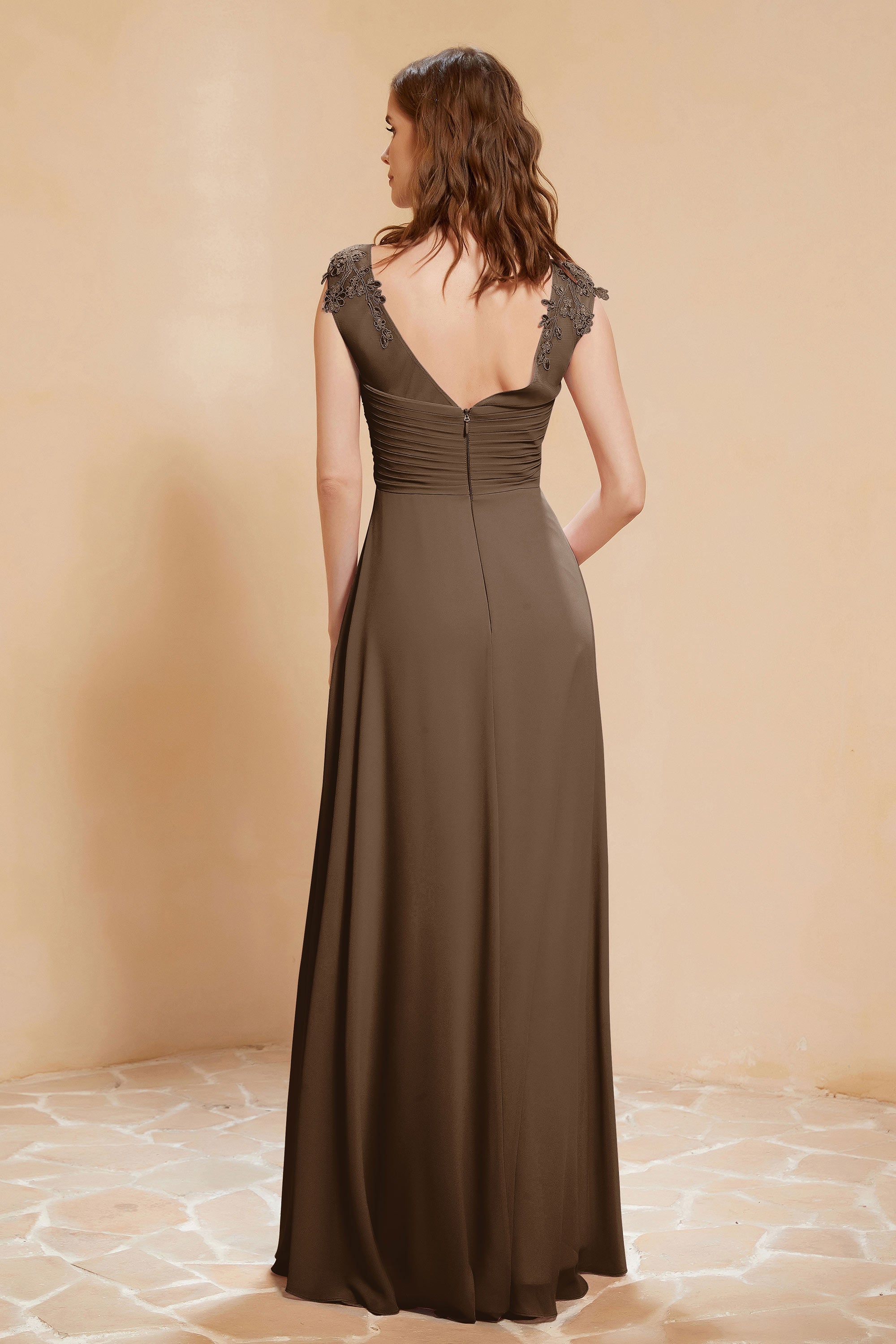 Illusion Neck Cap Sleeves Chiffon Bridesmaid Dress with Lace Formal Evening Prom Gowns
