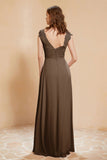 Illusion Neck Cap Sleeves Chiffon Bridesmaid Dress with Lace Formal Evening Prom Gowns