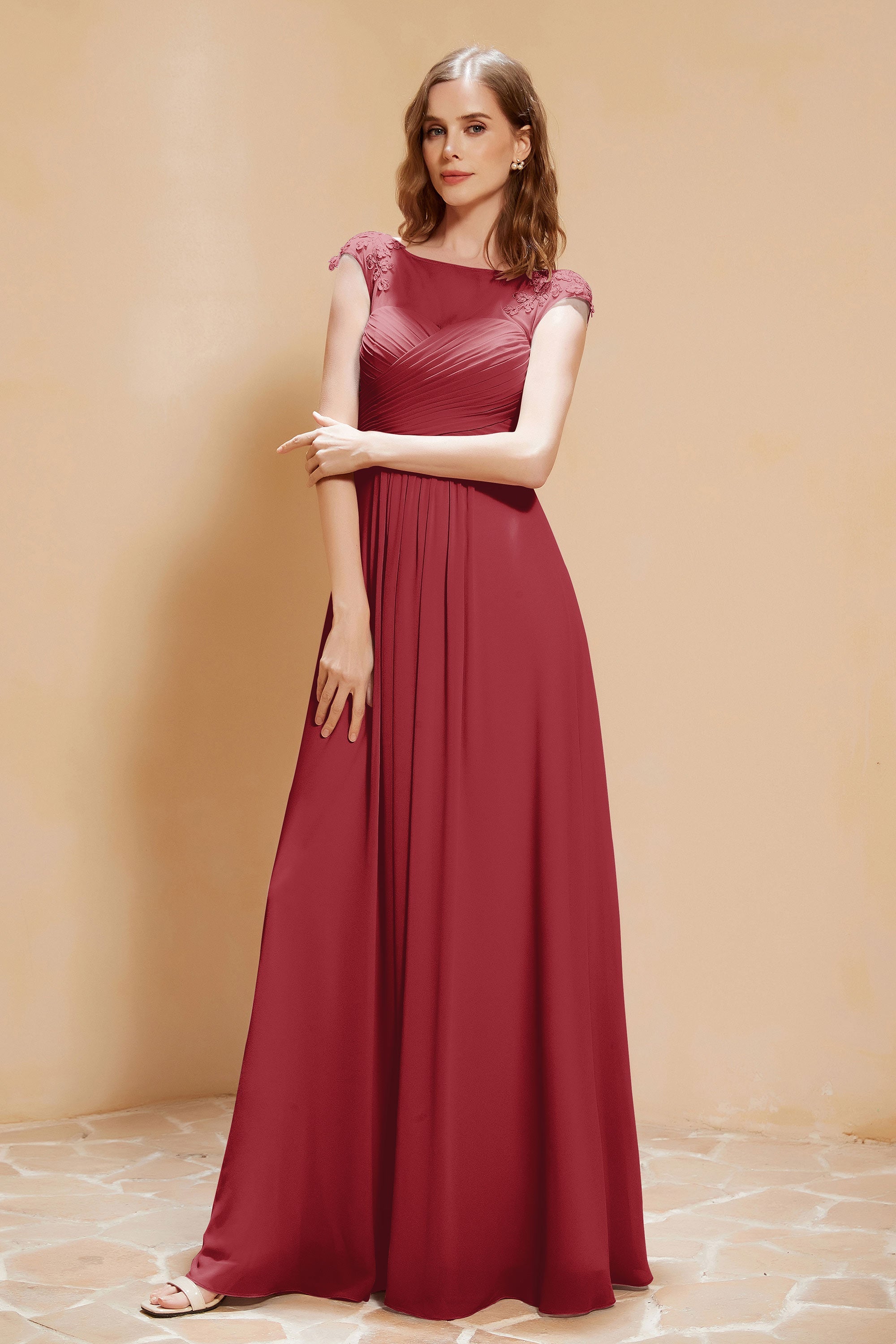 Illusion Neck Cap Sleeves Chiffon Bridesmaid Dress with Lace Formal Evening Prom Gowns