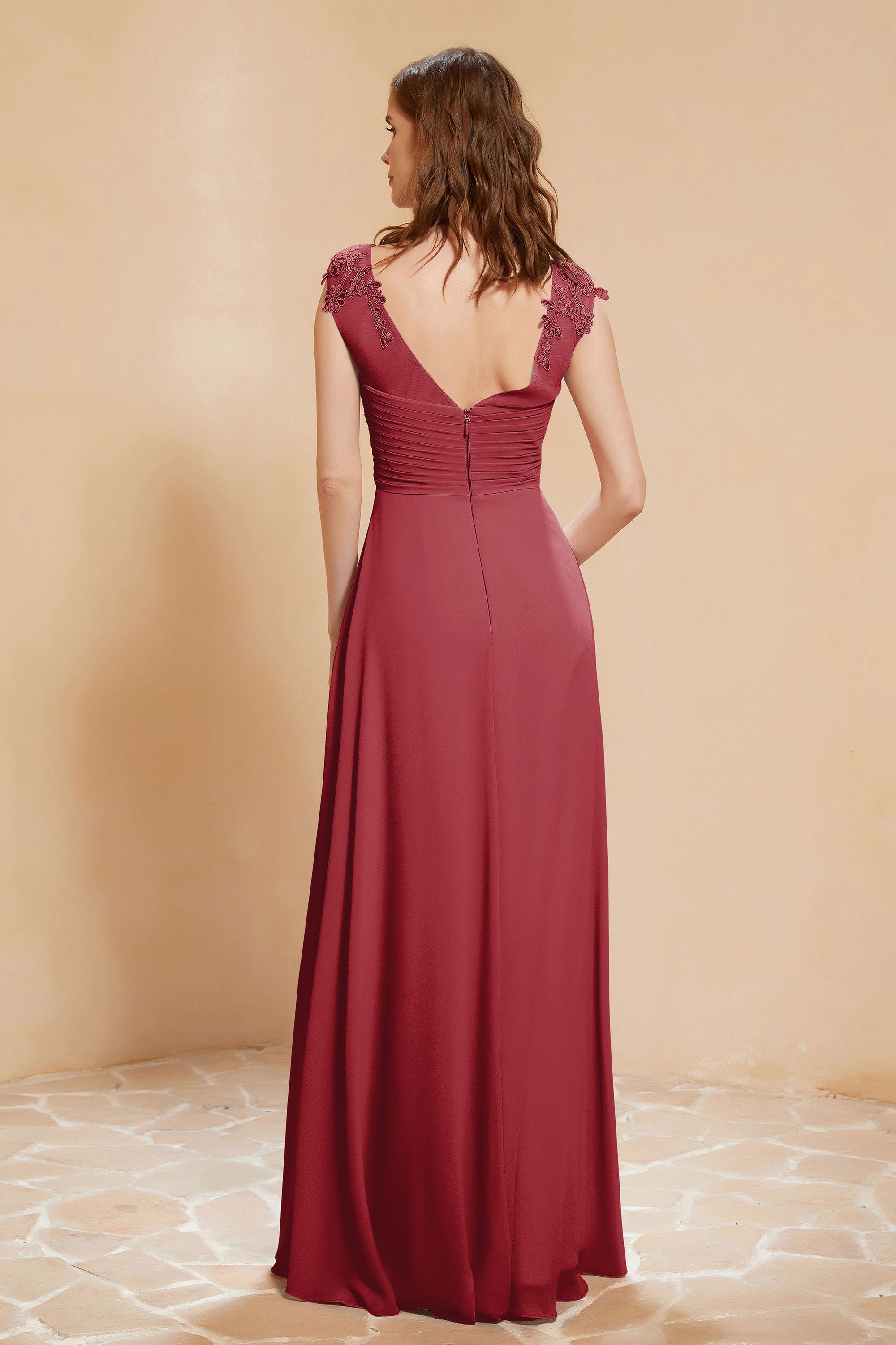 Illusion Neck Cap Sleeves Chiffon Bridesmaid Dress with Lace Formal Evening Prom Gowns