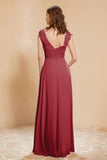 Illusion Neck Cap Sleeves Chiffon Bridesmaid Dress with Lace Formal Evening Prom Gowns