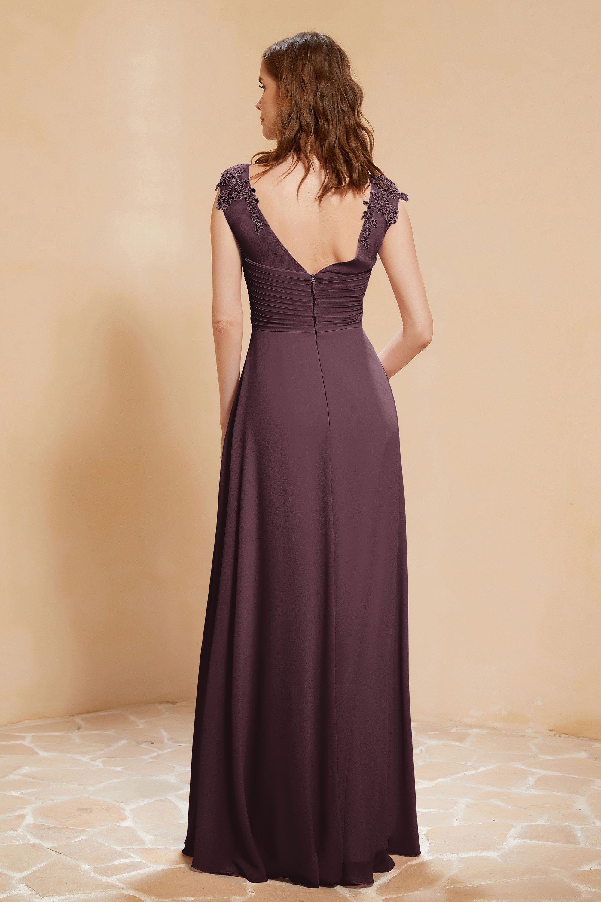 Illusion Neck Cap Sleeves Chiffon Bridesmaid Dress with Lace Formal Evening Prom Gowns
