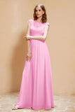 Illusion Neck Cap Sleeves Chiffon Bridesmaid Dress with Lace Formal Evening Prom Gowns