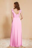 Illusion Neck Cap Sleeves Chiffon Bridesmaid Dress with Lace Formal Evening Prom Gowns