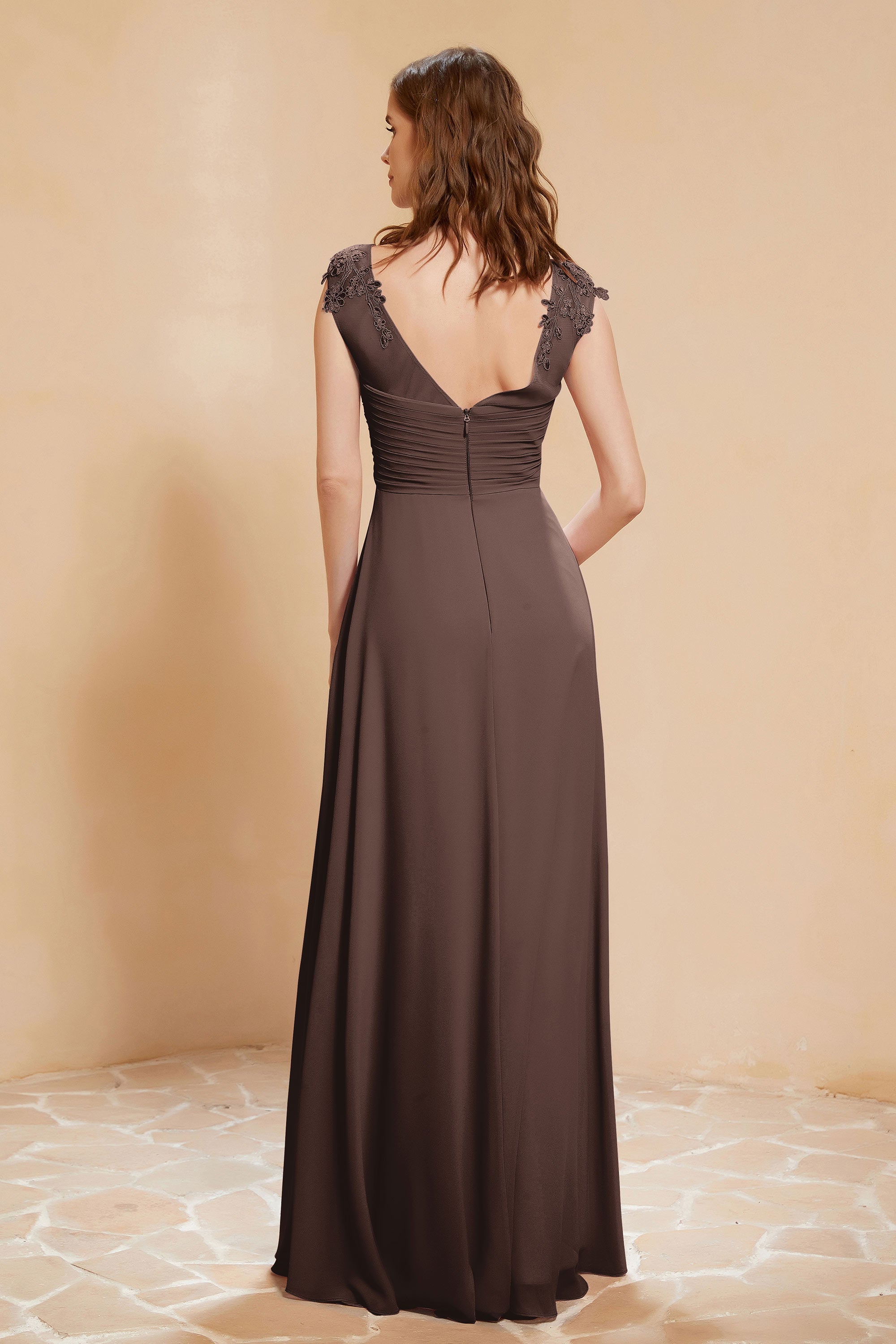 Illusion Neck Cap Sleeves Chiffon Bridesmaid Dress with Lace Formal Evening Prom Gowns