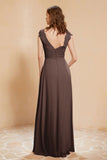 Illusion Neck Cap Sleeves Chiffon Bridesmaid Dress with Lace Formal Evening Prom Gowns