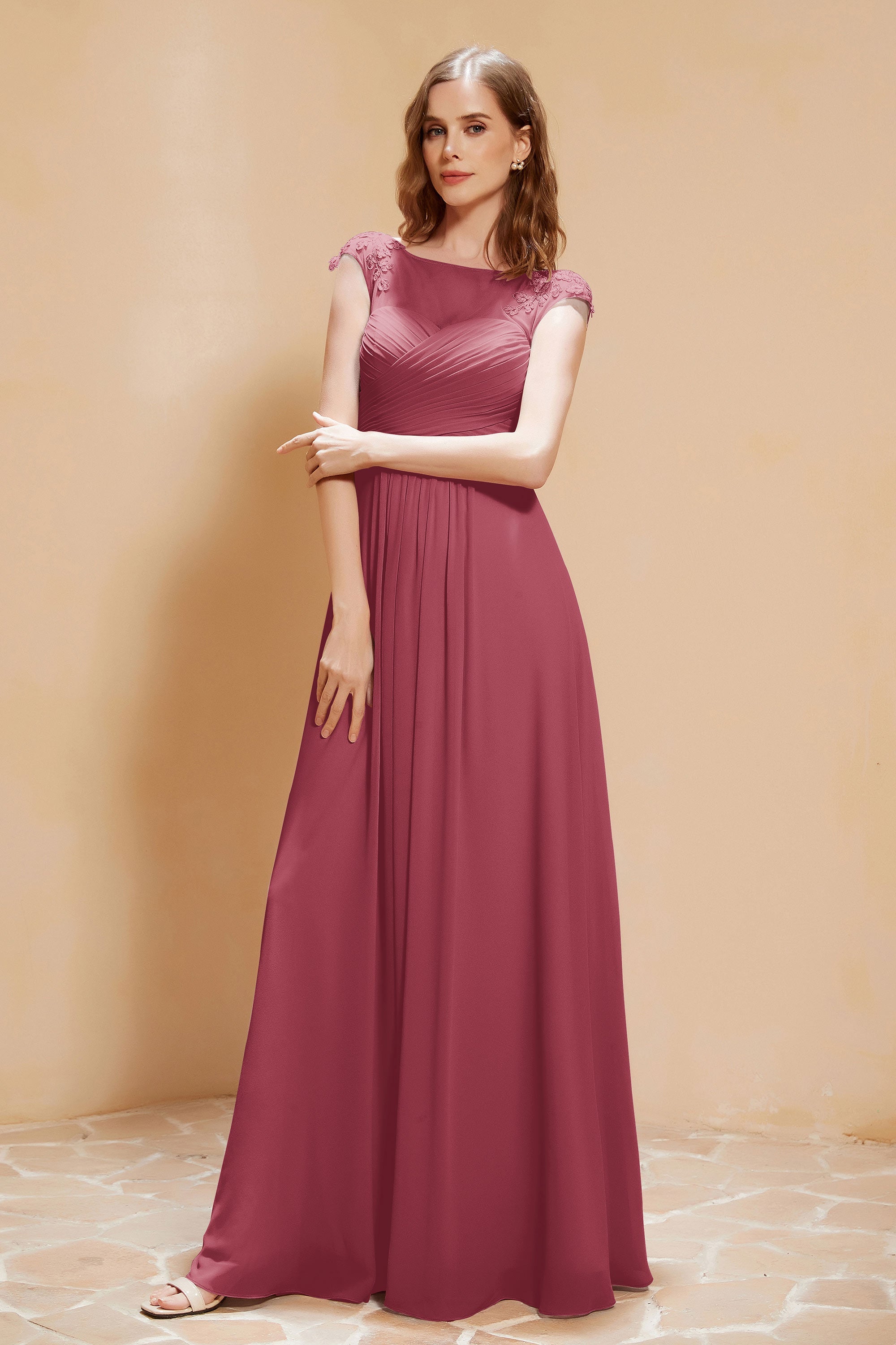 Illusion Neck Cap Sleeves Chiffon Bridesmaid Dress with Lace Formal Evening Prom Gowns