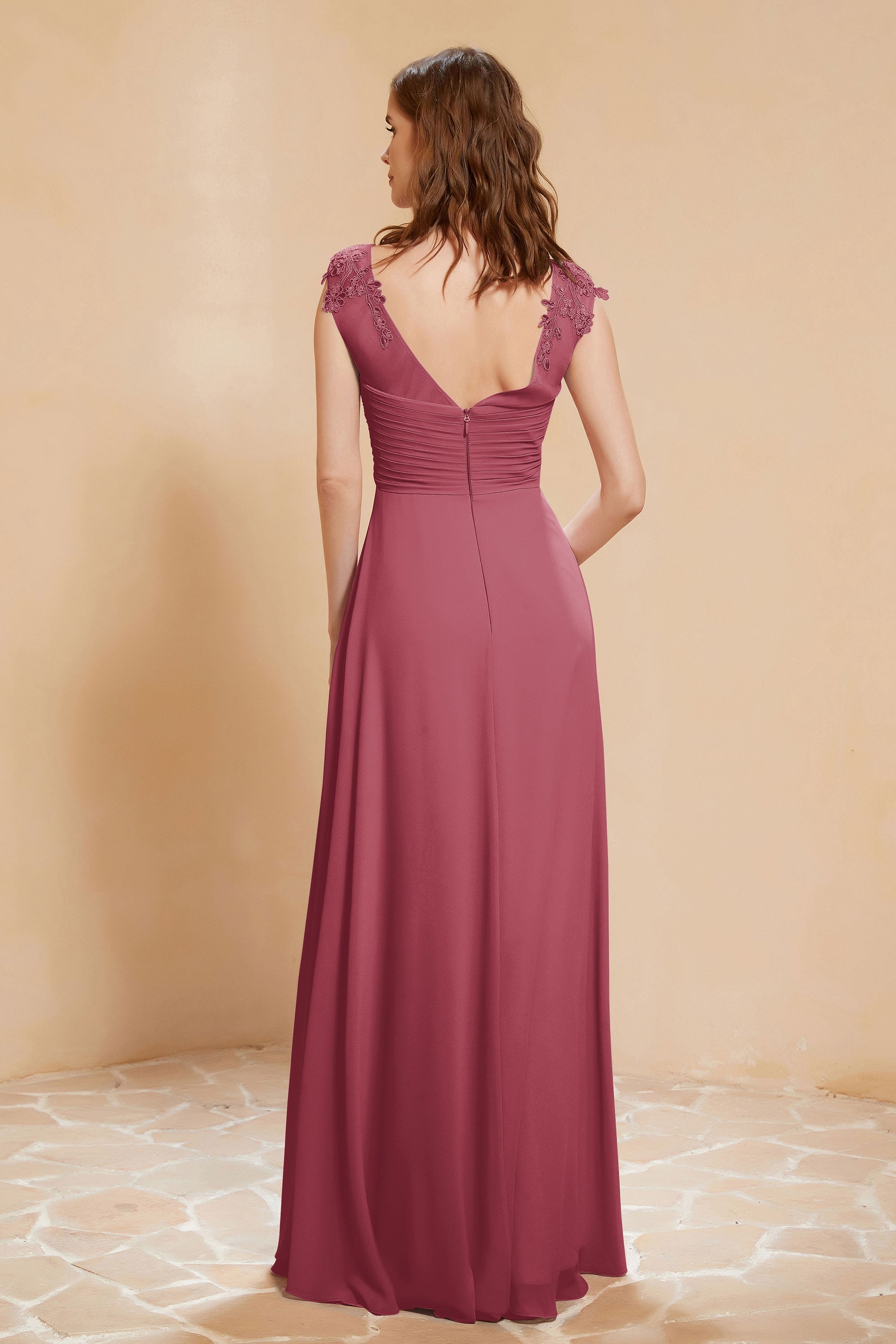 Illusion Neck Cap Sleeves Chiffon Bridesmaid Dress with Lace Formal Evening Prom Gowns
