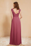 Illusion Neck Cap Sleeves Chiffon Bridesmaid Dress with Lace Formal Evening Prom Gowns